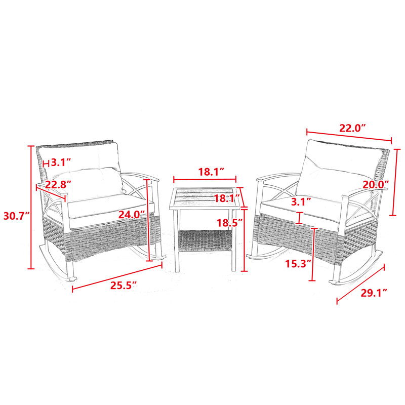 Ensemble de chaises berçantes d'extérieur en osier 3 pièces avec coussins et table d'appoint