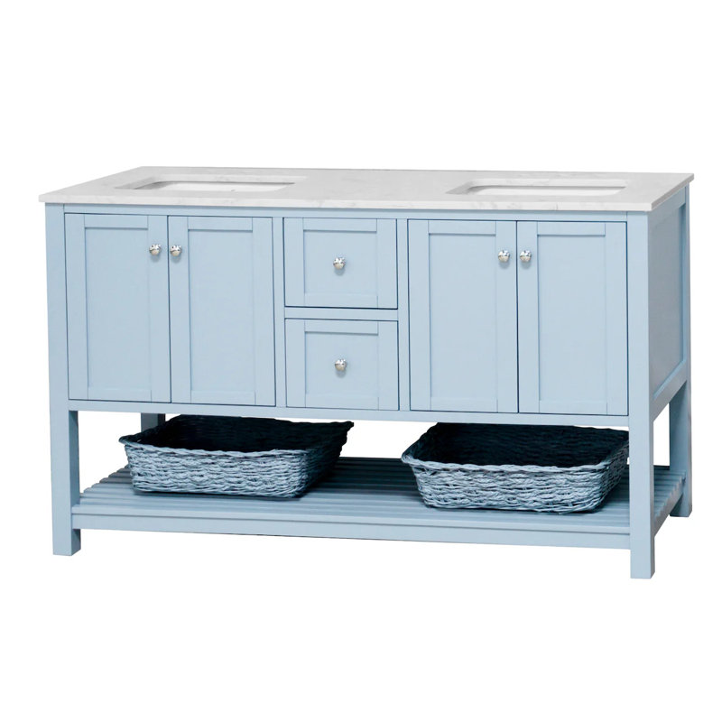 Binne 60'' Double Bathroom Vanity with Top, Powder Blue, Engineered Carrara