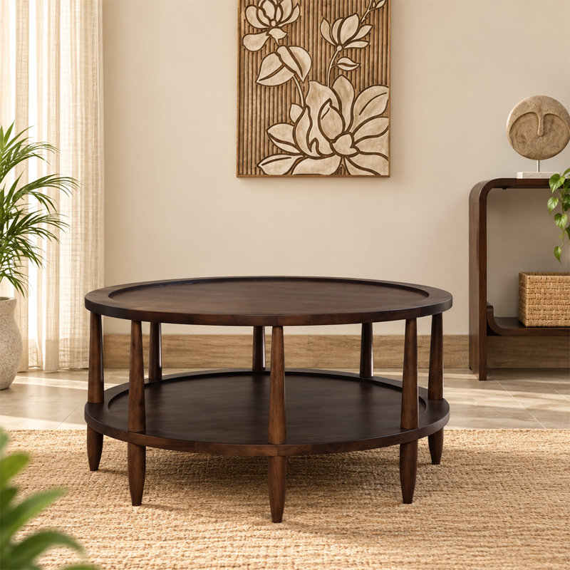 Table basse ronde en bois massif à 2 niveaux Essence