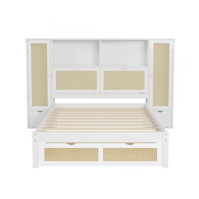 Lit simple en bois avec deux casiers de rangement, un tiroir et une tablette de rangement sur la tête de lit, lit plateforme multifonctionnel