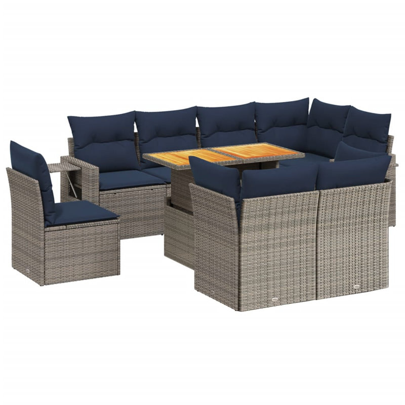  Ensemble de canapé de patio 9 pièces avec coussins en rotin de polyester, Gris, Bleu