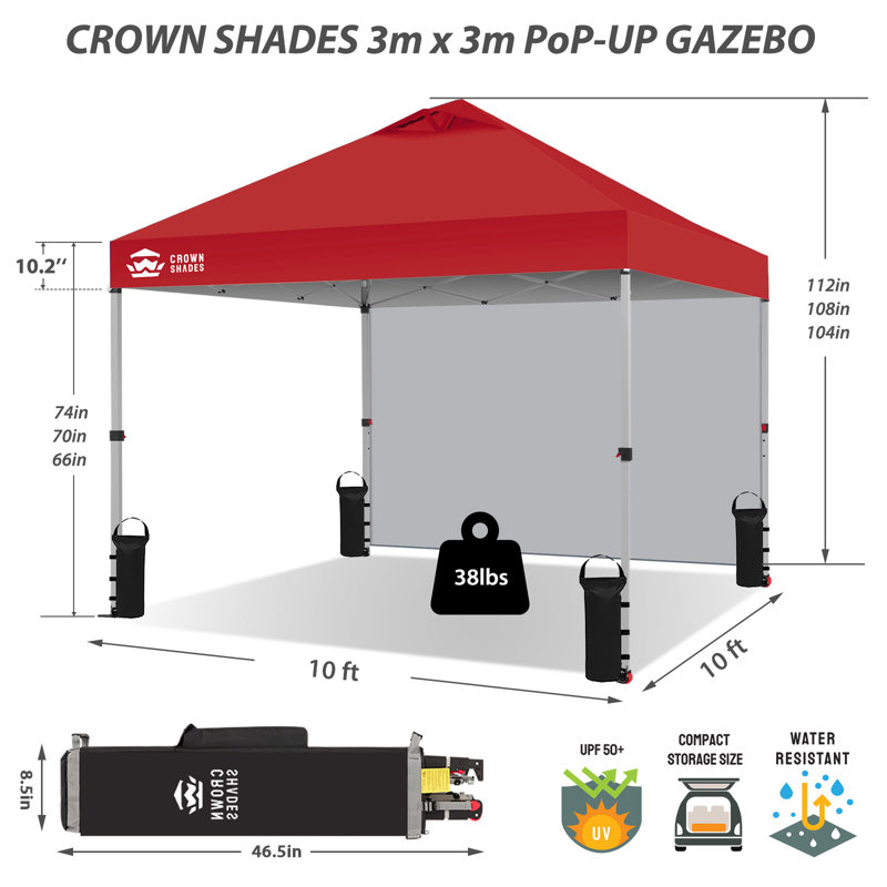 10 Ft. W x 10 Ft. D Steel Pop-Up Canopy Beach Tent with 1 Side Wall, Red