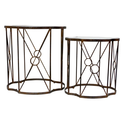 Antique Copper Set Of 2 Quatrefoil Table