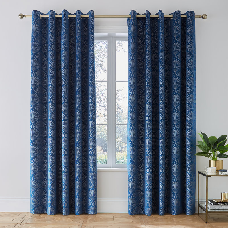 Art Deco Pearl Lined Eylet Curtains, Width 168 x Drop 183cm, Navy Blue