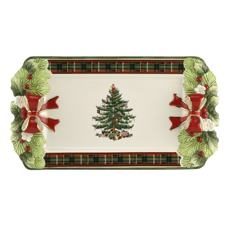 Spode Christmas Tree Figural Tartan Tray 12"