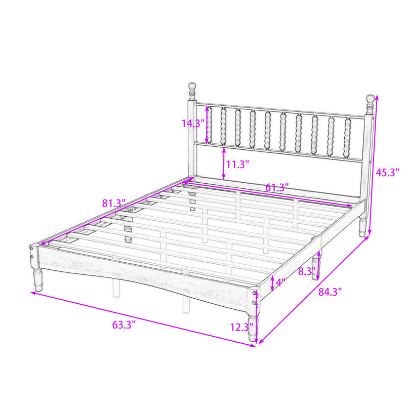 Lit plateforme rétro en bois avec tête de lit en forme de gourde, Noyer, Grand lit