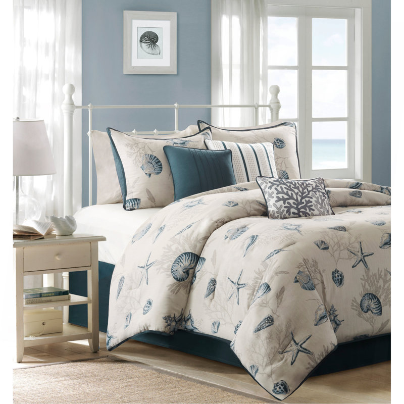 Ensemble d'édredon en satin de coton 7 pièces grand bleu, Grand édredon et 6 pièces supplémentaires, Blanc / Bleu