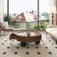 Table basse Mid-Century moderne avec finition noyer, tiroir de rangement et pieds en boule noirs pour le salon
