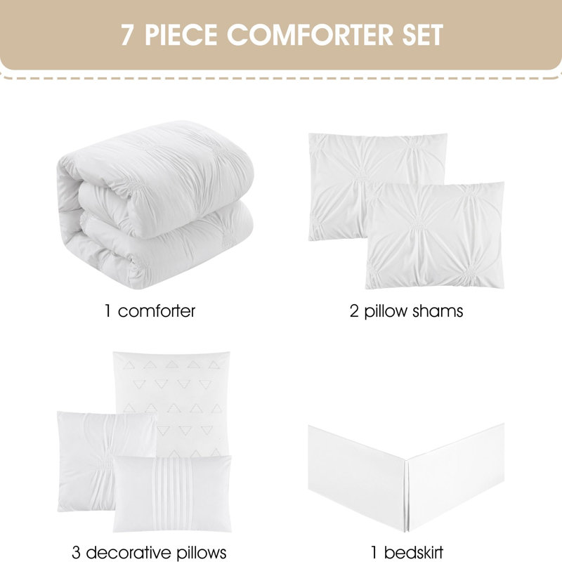 Nargiz 7 Piece Comforter Set, Édredon de très grande taille et 6 pièces suppl, Blanc