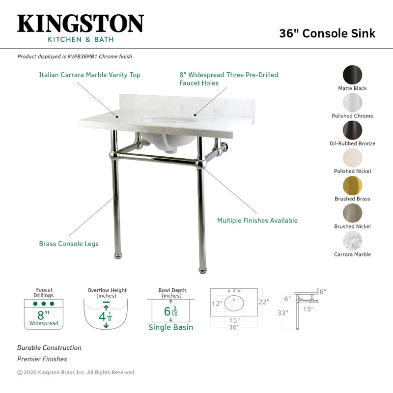 Kingston Brass Templeton 36-Inch Vanity Top with Brass Legs (8-Inch, 3-Hole), Carrara Marble/Brushed Nickel