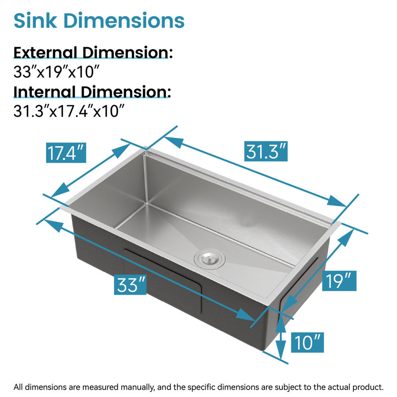33X19 Undermount Stainless Steel Sink With Cutting Board. 304 Steel, And Dependable. Brushed Appearance. Spacious Single Bowl. Sound Absorbing Properties. Rounded Corners Kitchen High Durability.