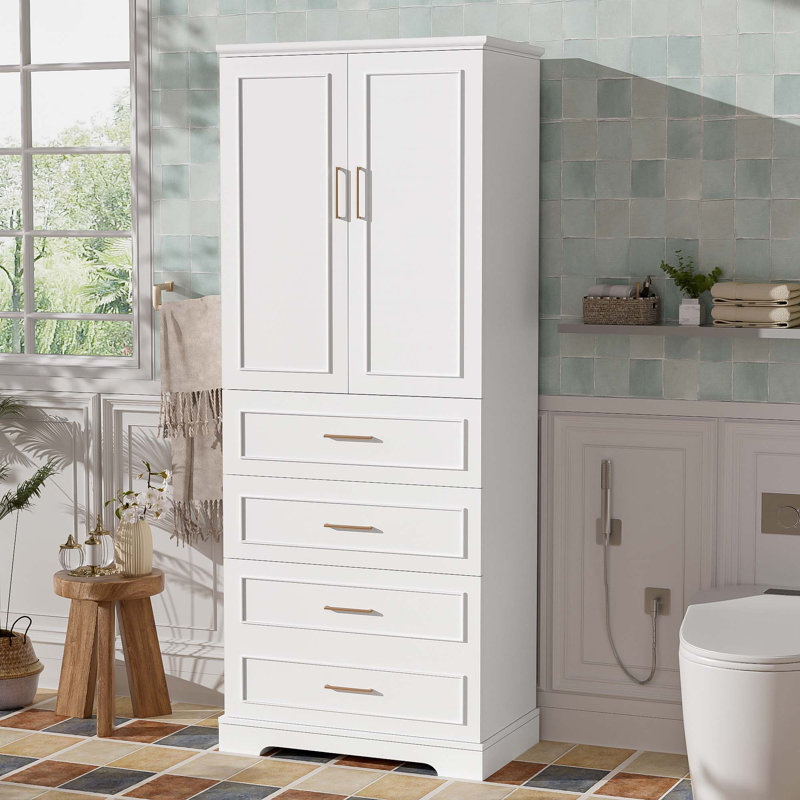 Armoire de salle de bain autoportante 72,2 po de hauteur avec tablette réglable, Blanc