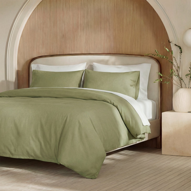 100% Washed Cotton Comforter Set Twin Size – Avocado Green, Linen-Like Texture, Soft & Breathable Bedding Set, 3-Piece Durable Percale Comforter