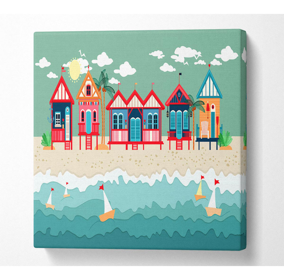 Strandhütten und Segelboote Square Canvas Print