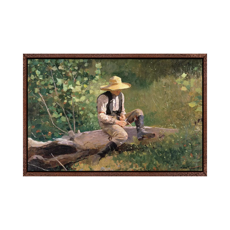 The Whittling Boy, 1873 by Winslow Homer - Painting on Canvas, 66.04cm H x 101.6cm W x 3.81cm D, Classic Brown Wood Framed