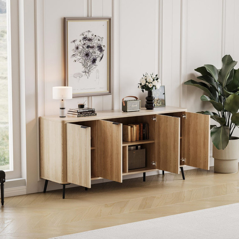 Buffet 62,9 pouces à flûte avec tablette ajustable et armoire courbée, Grain du bois