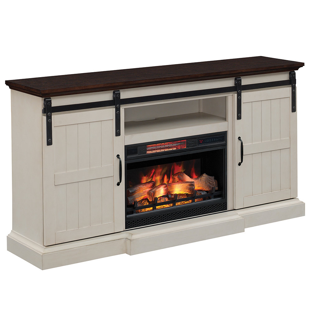 Hogan 66-In Electric Fireplace Rustic TV Stand in Weathered White w/ Barn Doors - Farmhouse Style ClassicFlame