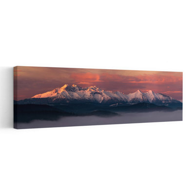 «Pink Sky Snowy Mountains», art dramatique coloré, forêt sereine