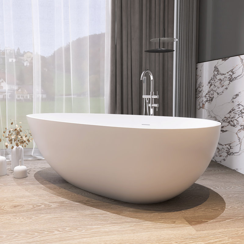67-Inch Stone Resin Solid Surface Matte White Bathtub With Center Drain