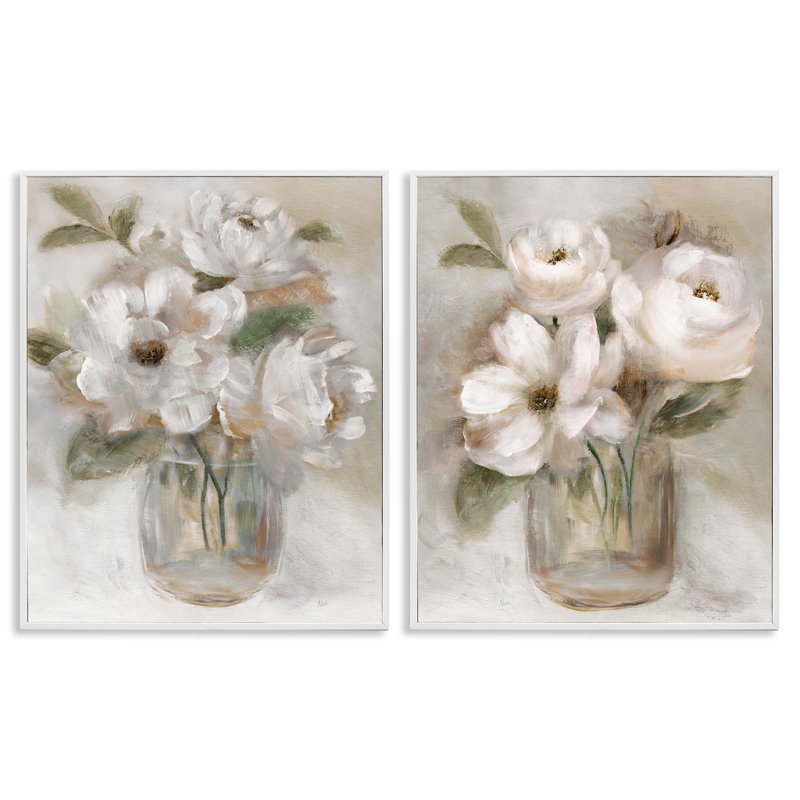 Ensemble de 2 giclées encadrées de roses blanches et beiges brossées, design par Nan, Encadrement giclée blanc côtier