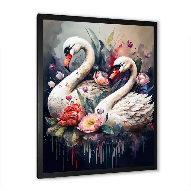 Cute Swans Floral Art I " Cute Swans Floral I " Print, 12" W x 20" H, Black Picture Framed Canvas