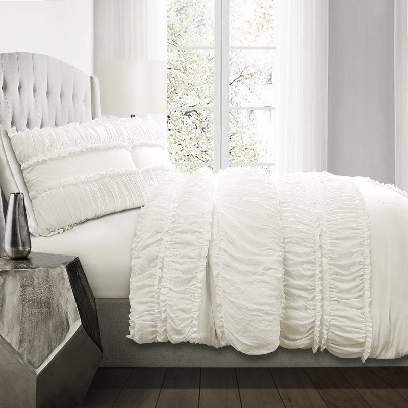 Nova Ruffle White Microfiber Farmhouse / Country 3 Piece Comforter Set, Queen