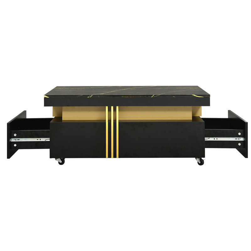 Table basse élégante avec plateau en faux marbre et tiroir de rangement, surface noire