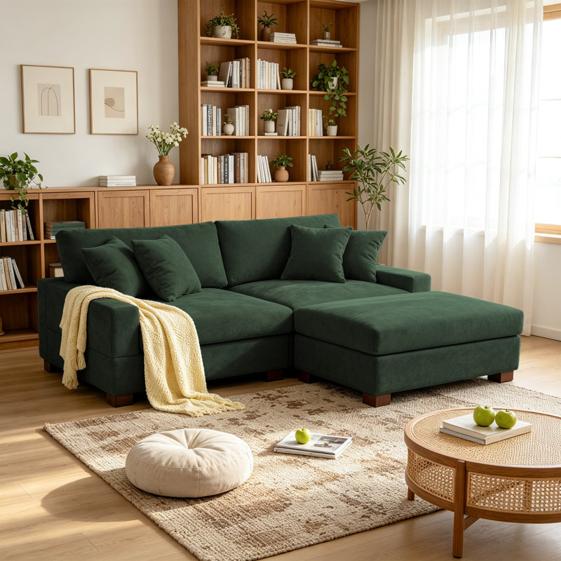 3 - Piece Upholstered Green Chenille Modular Sectional Sofa with Throw Pillows & Removable Ottomans, Green Chenille