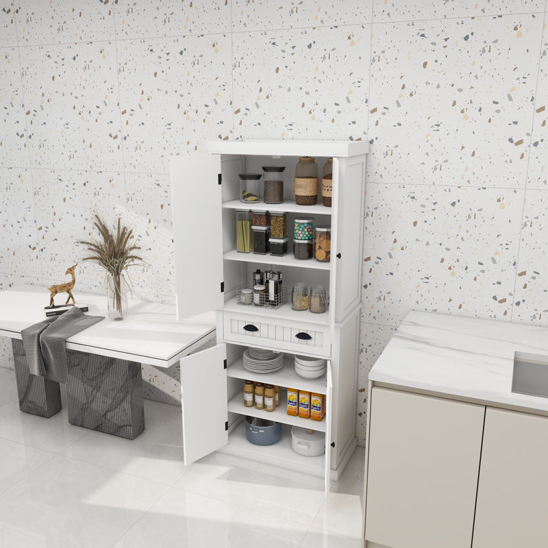 71" Living Room Pantry Cupboard - White. 4 Doors, Drawer, 2 Adjustable Shelves. Spacious Storage, Finish Kitchen With Drawer Stores Appliances. Stylish Design, Painting, Stable Base, Easy Assembly