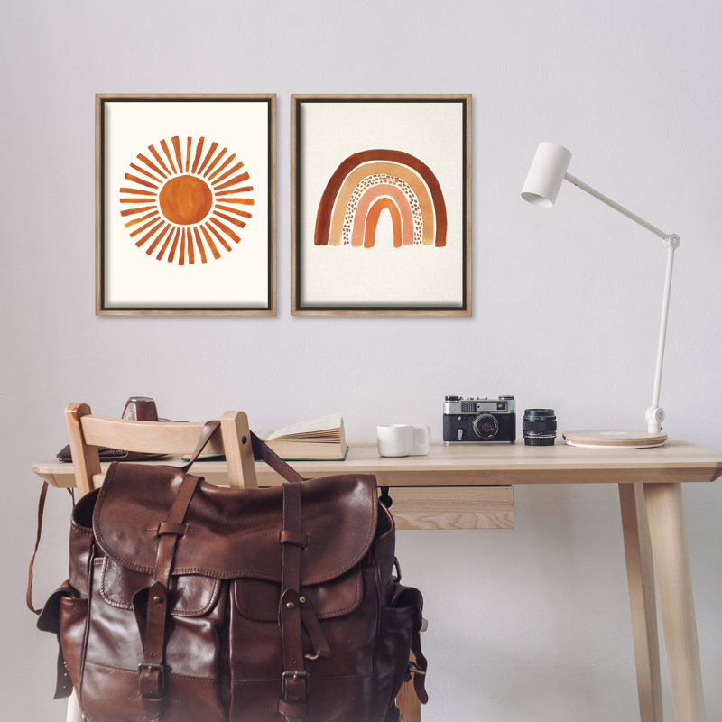 Ensemble de 2 toiles flottantes encadrées soleil à motif arc-en-ciel Boho par Heather McLaughlin, H 21 po x l 17 po