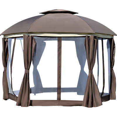Pavillon de jardin extérieur 12 'X - auvent double, brun. Acier. Pour les fêtes, les pique-niques, les jardins. Avec moustiquaire et rideaux d'intimité, filet inclus, entrée avec fermeture à glissière