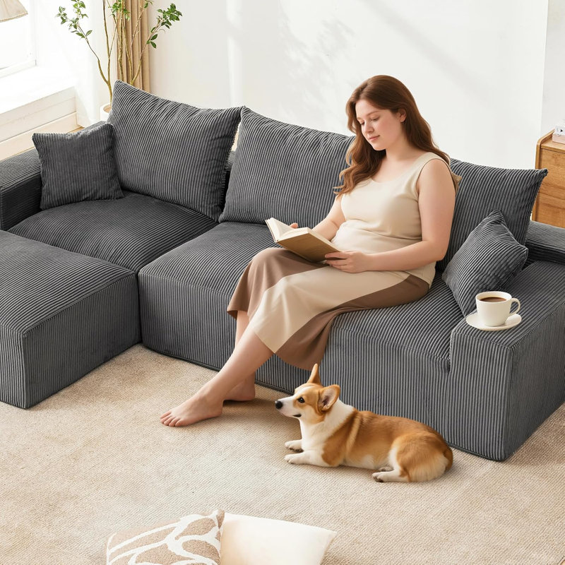 110" Oversized L-Shaped Sectional Sofa with Right Chaise, Cloud Couch with Corduroy & Memory Foam, Includes Throw Pillows