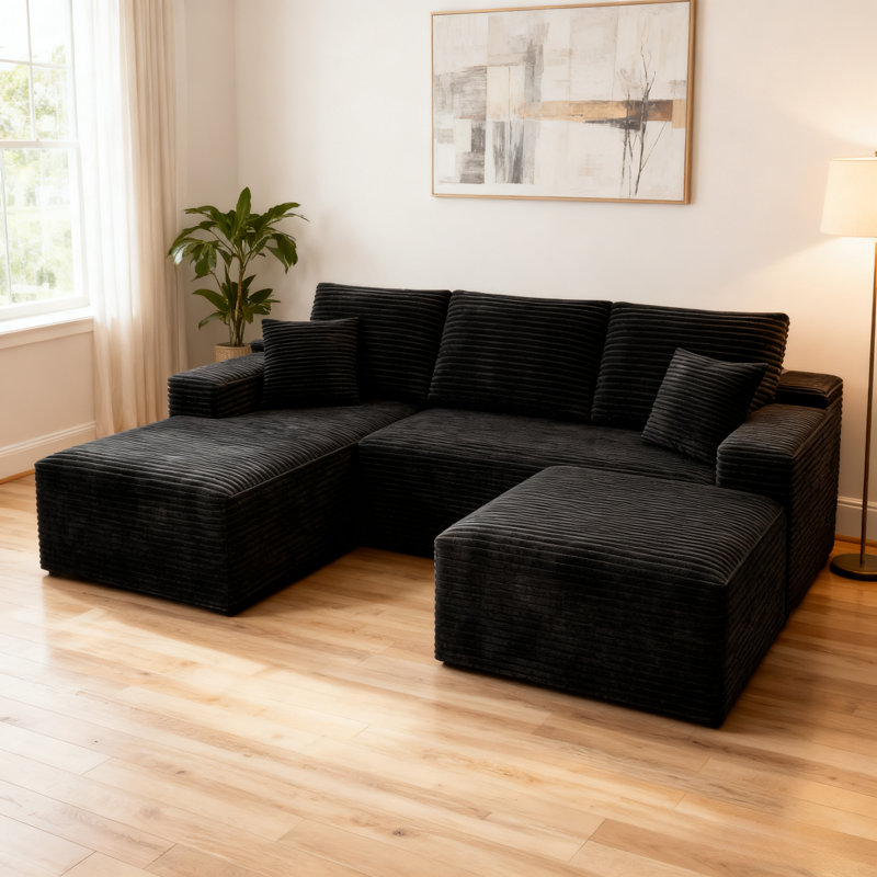 Canapé modulaire 104,3 x 70,8 po (3 pièces) - canapé en velours côtelé moelleux sans assemblage, noir