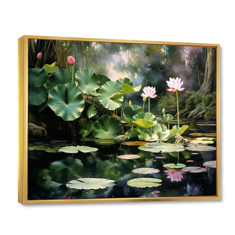 Étangs de lotus verts verts sur toile, H 24 po x l 32 po x P 1 po, Cadre flottant doré
