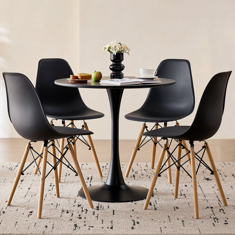 Ensemble de salle à manger moderne 5 pièces, table ronde tulipe de 80 cm avec 4 chaises, pied central en métal, chaises à assise en plastique et pieds en bois, noir