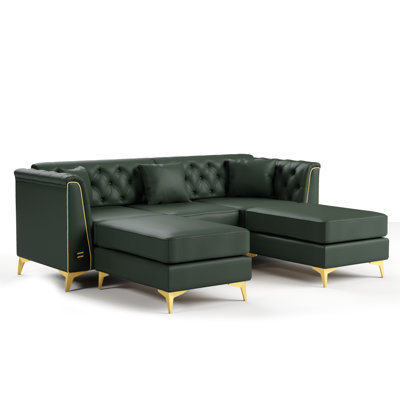 81.5" Nailhead Trim Light Luxury 3-Seater Modular Chesterfield Sofa, Faux Leather Couch with Handmade Button Tufted, Metal Trim Armrests & Thin Metal Legs, Includes 3 Pillows