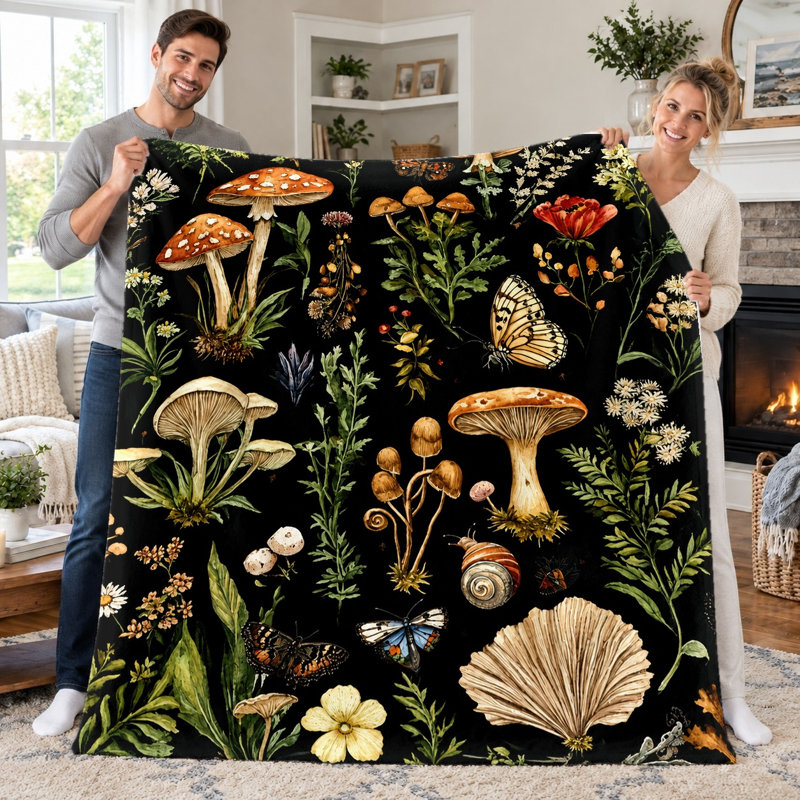 1pc Mushroom Blanket, Vintage Botanical Forest Theme Flannel Throw, Enchanting Woodland Creatures and Plants Pattern Cozy Blanket for Sofa Couch Bed Living Room Dorm Office Travel, Home Decor All‑Season Blanket,, Unique Gift