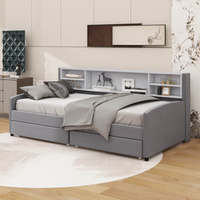 Lit plateforme simple tapissier avec tiroirs de rangement intégrés, Gris