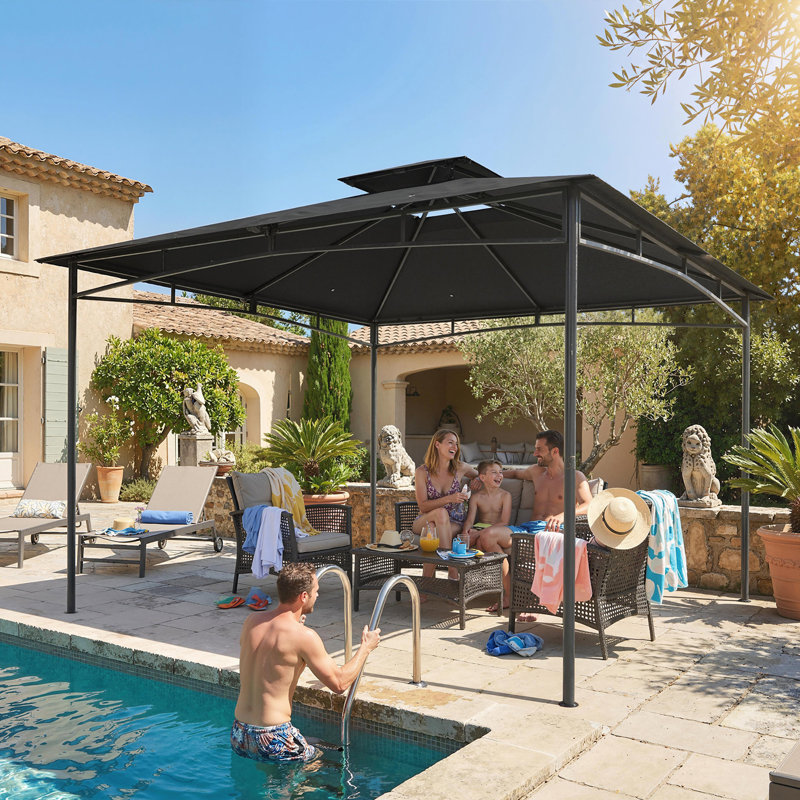 Outsunny 3 x 3 m Gazebo Garden Gazebo w/ 2-Tier Roof, Metal Frame, Grey