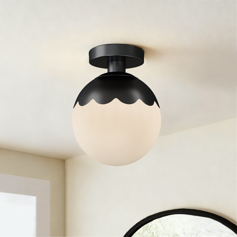 7.87 "-1 Light Paint Black Modern Minimalist Milky White Glass Globe Semi Flush Mount Lighting Fixture For Bedroom/Hallway