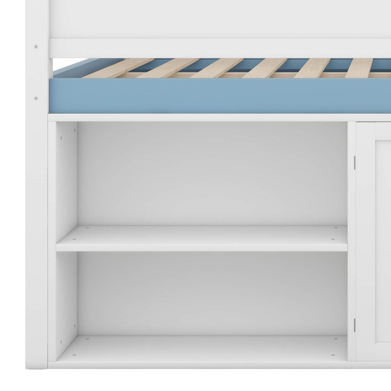 Full Size Loft Bed With Canopy Roof And Storage Cabinet, Wooden House-Shaped Frame With Ladder, Shelves, White/Blue