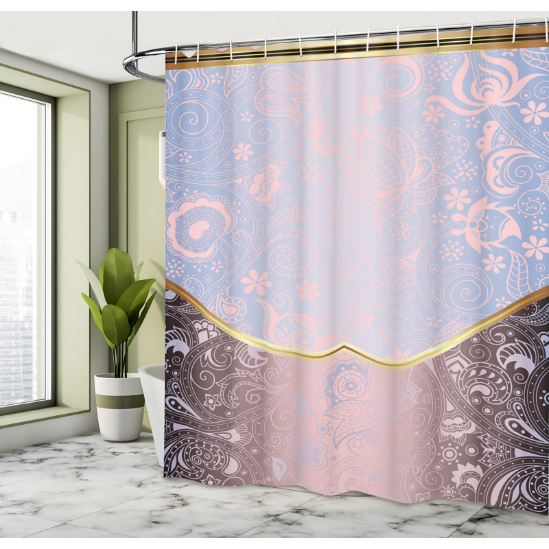 Pale Azure and Gold Floral Fabric Shower Curtain with Hooks