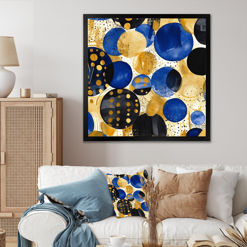 Motif abstrait avec textures bleues et dorées - décoration murale moderne géométrique, Cadre simple noir