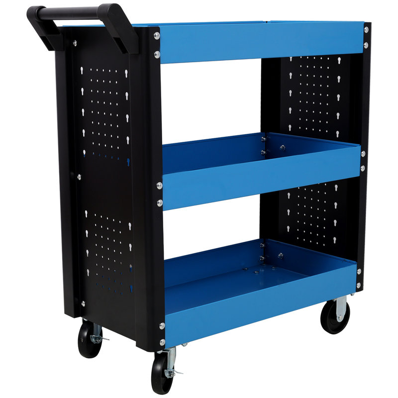 Chariot à outils sur roulettes à 3 niveaux sur roulettes, chariot à outils robuste avec panneau perforé pour atelier de réparation, garage, entrepôt, bleu