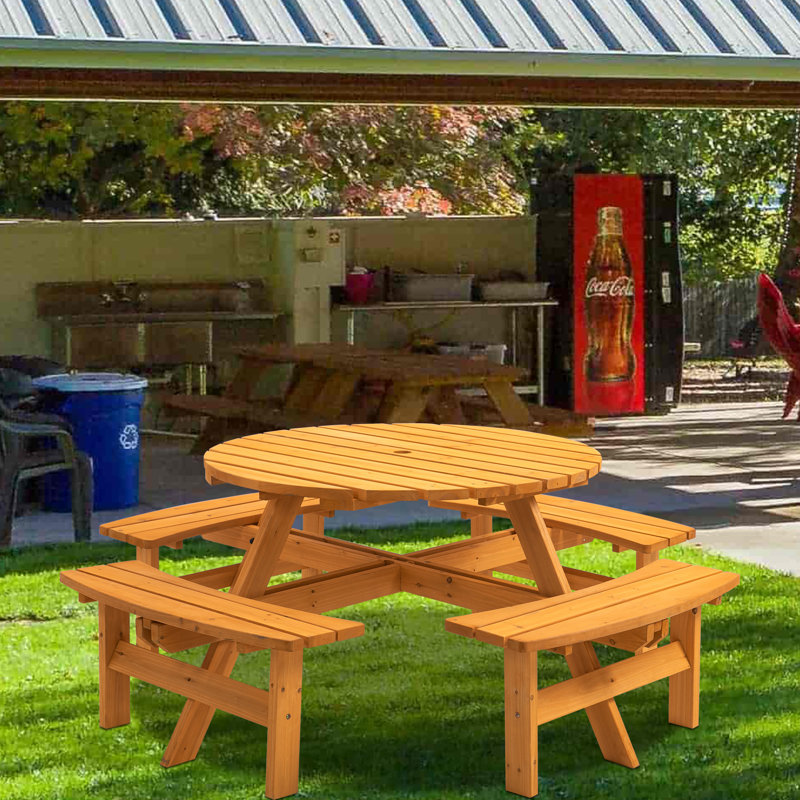 Wooden Outdoor Picnic Table 6-Person Circular with 3 Benches for Patio Backyard Garden, Natural, 3