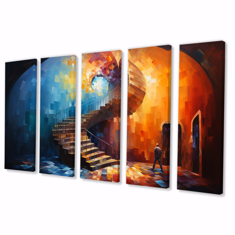 Escalier en spirale bleu et rouge - spirales abstraites, art mural 5 pièces, H 32 po x l 80 po