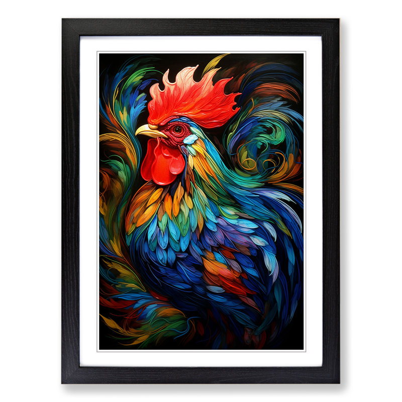 Rooster Abstract - Single Picture Frame Print on Wood, Black, 46cm H x 34cm W x 2cm D
