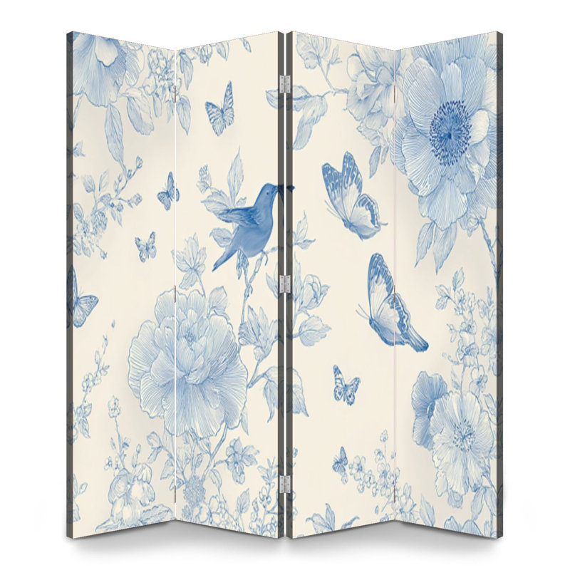 Paravent 4 panneaux à cloison pliable Royal Floral Vintage Boho bleu crème fleurs blanches Oiseaux Toile, 4