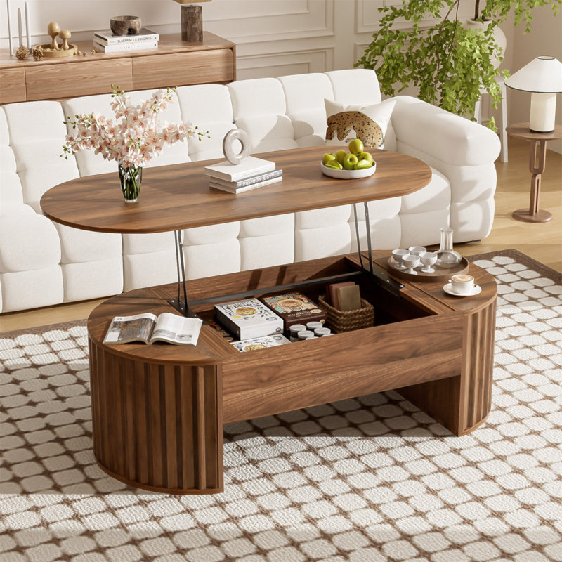 Table basse relevable avec compartiments cachés, plateau relevable ovale moderne, Noyer