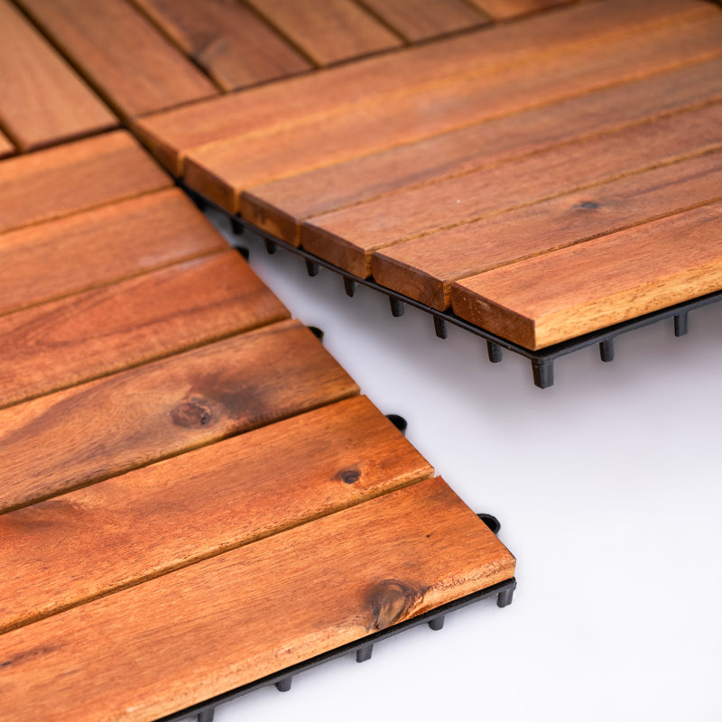 Bliss Outdoors Hardwood 6-Slat Interlocking Wood Deck Tiles, Natural, Set of 10, Brown